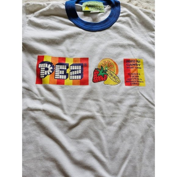 Vintage In Vitro Ringer Tshirt, Ringer Tee, PEZ, Blue & White, Size Small - Picture 3 of 5